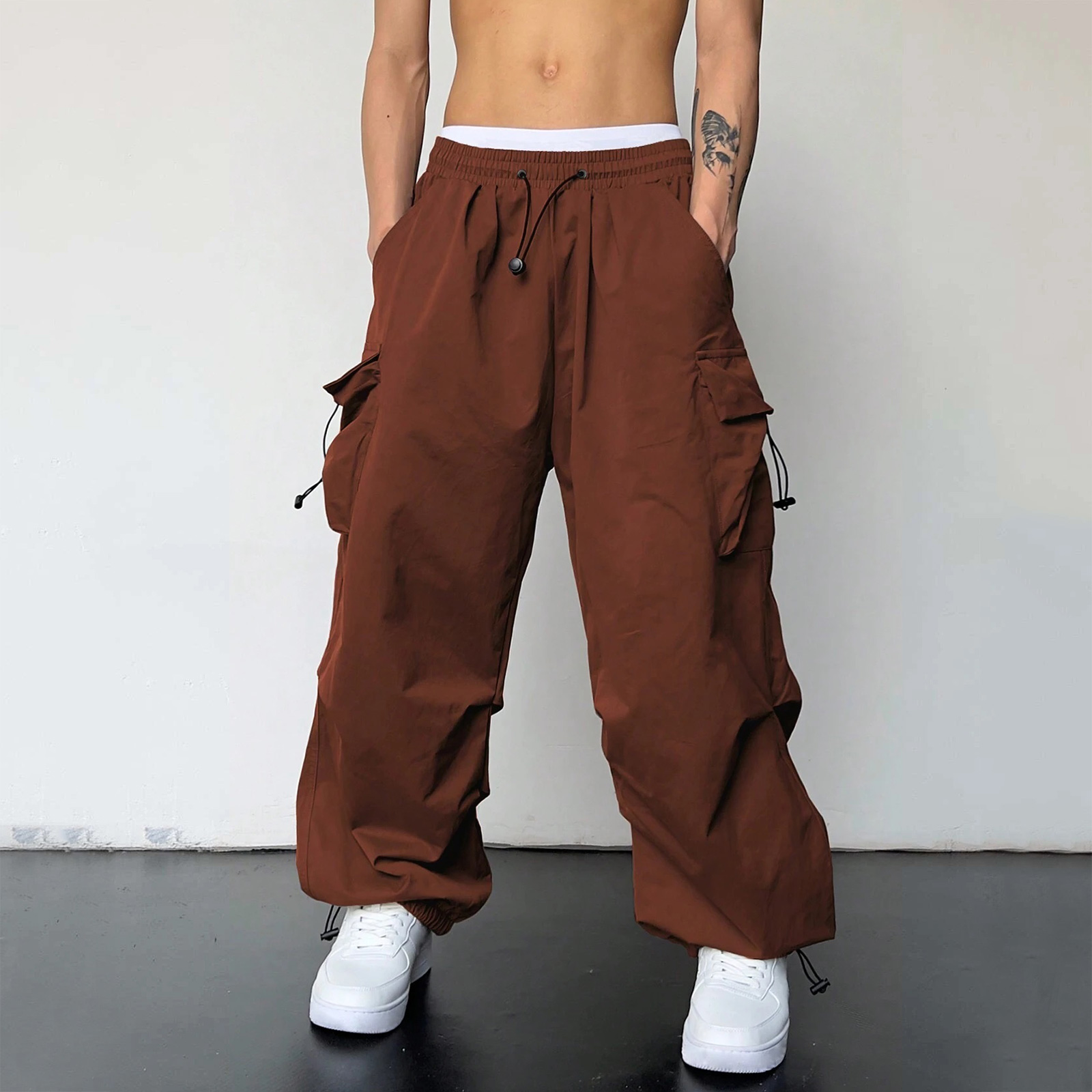 thumbnail image 3 of Pantalones cargo deportivos de cintura informal para hombre - Bolsillo tejido con cordón - Ropa urbana para todas las estaciones, 3 of 8